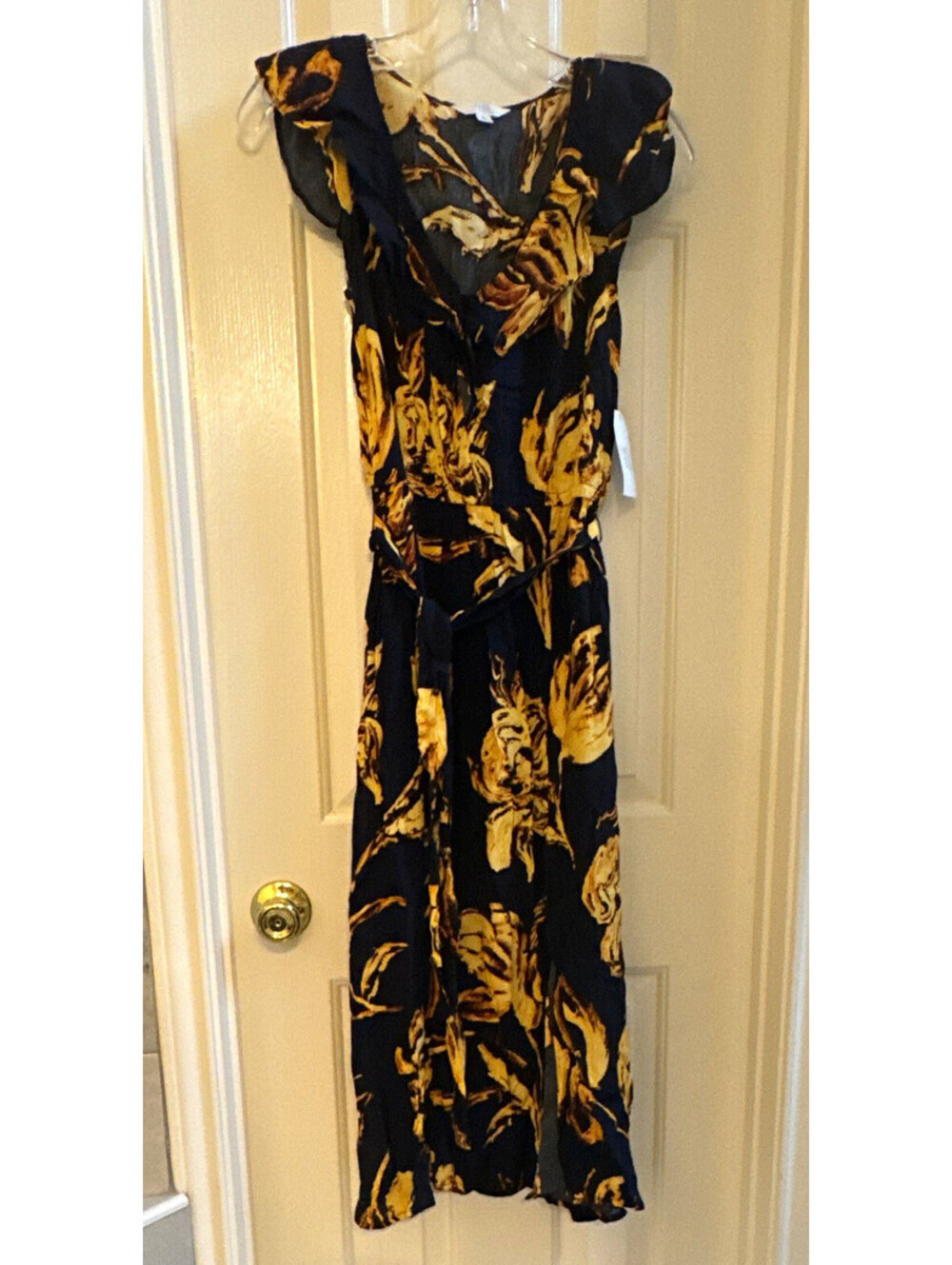 Time And Tru Black Yellow Floral V-Neck Sleeveless Midi A-Line Dress XS